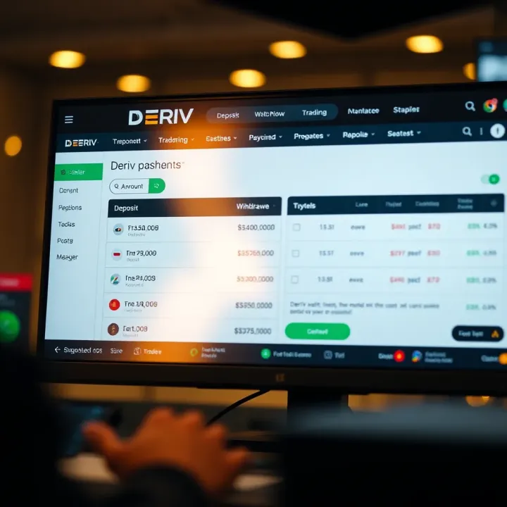 User interface of Deriv Cashier showing deposit and withdrawal options on a digital trading platform