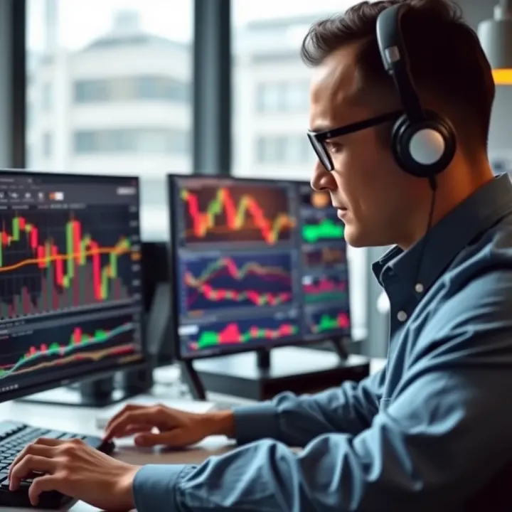 Trader reviewing charts on multiple monitors using demo trading account