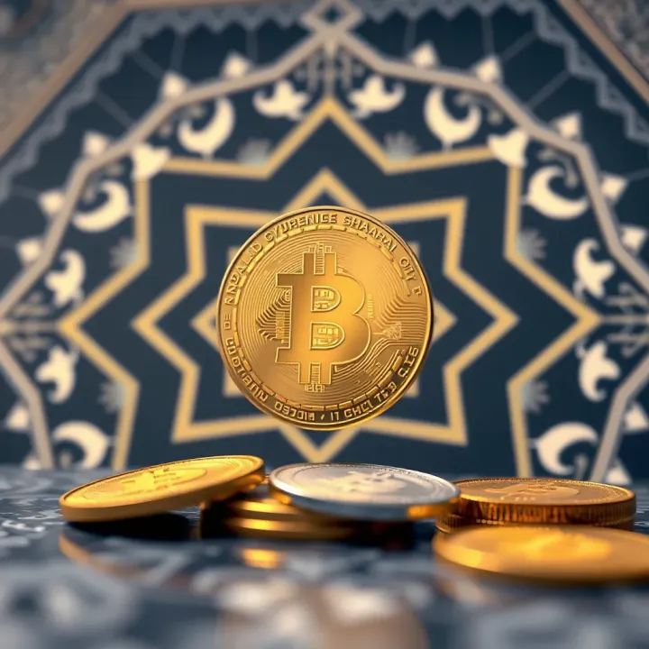 Graphic showing digital currency symbols with Islamic geometric patterns in the background representing halal cryptocurrency concepts