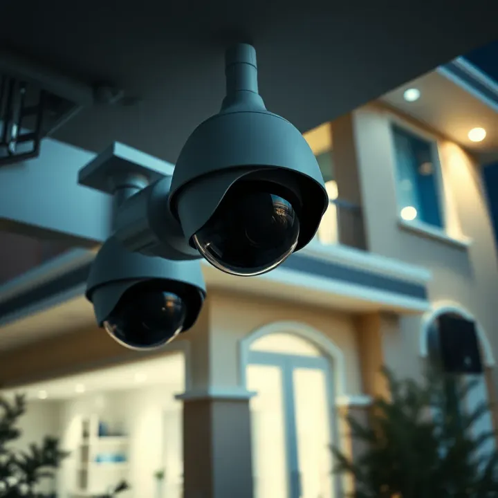 Modern home security system with surveillance cameras and alarm panels around a residential property