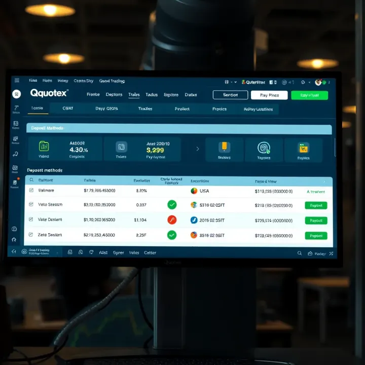 Illustration of a digital trading platform screen showing deposit options and payment methods