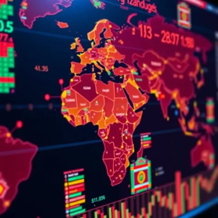 Global Trade Network Visualizing International Trade Flows Colorful network graph showcasing trade connections and volumes between different countries