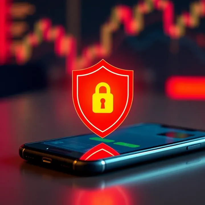 Security shield icon over smartphone illustrating protection of trading applications