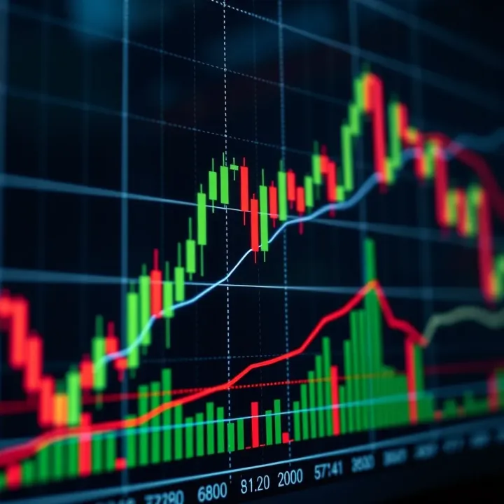 Candlestick chart displaying price movements with trend lines and volume bars