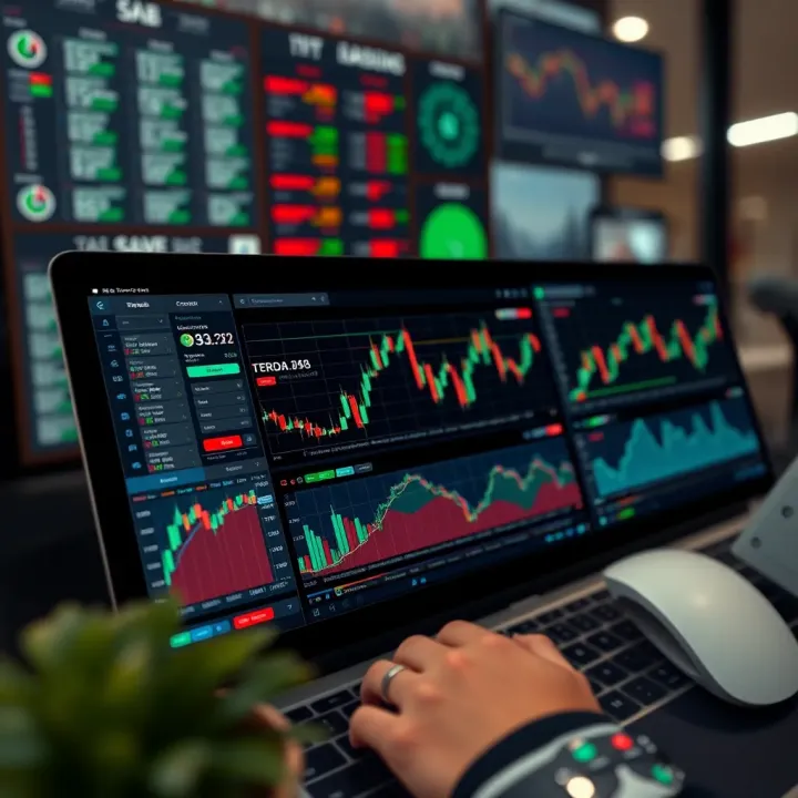 User interface showing various web trading platform features with charts and graphs