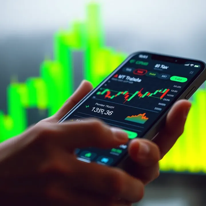 Trading Platform Interface on a Mobile Device Mobile device displaying a trading application interface with charts and data analytics