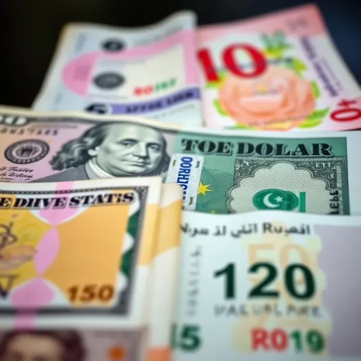 Comparing US Dollar and Pakistani Rupee Currency Notes Various currency notes from the United States and Pakistan placed side by side