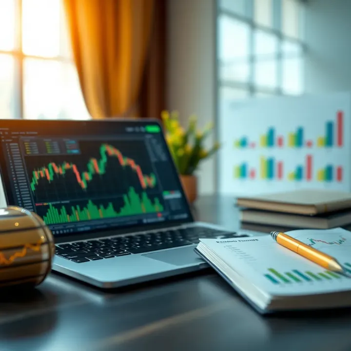 Chart analysis on a laptop with trading books and notes beside it
