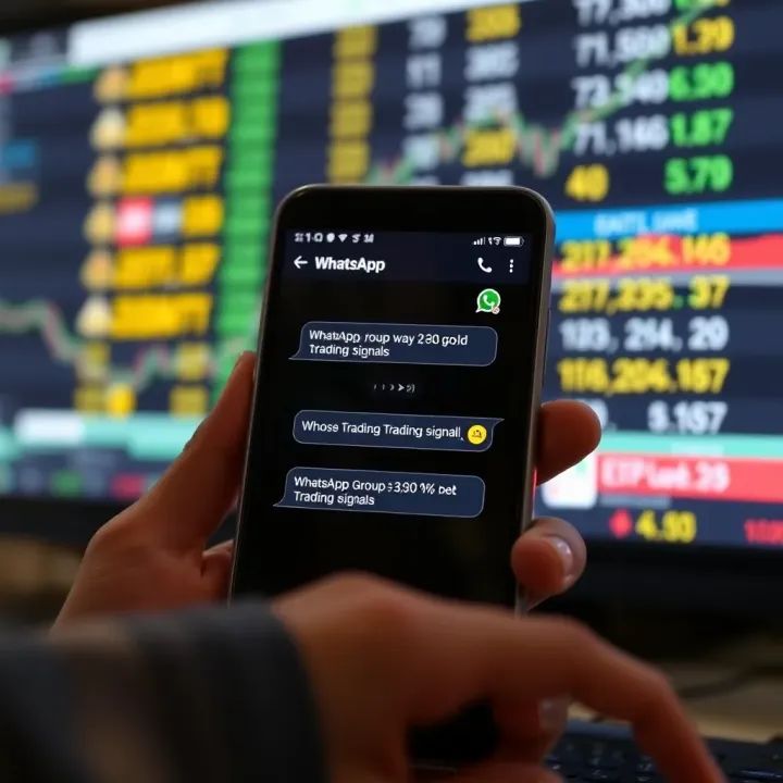 Illustration of a smartphone displaying a WhatsApp group chat focused on gold trading signals
