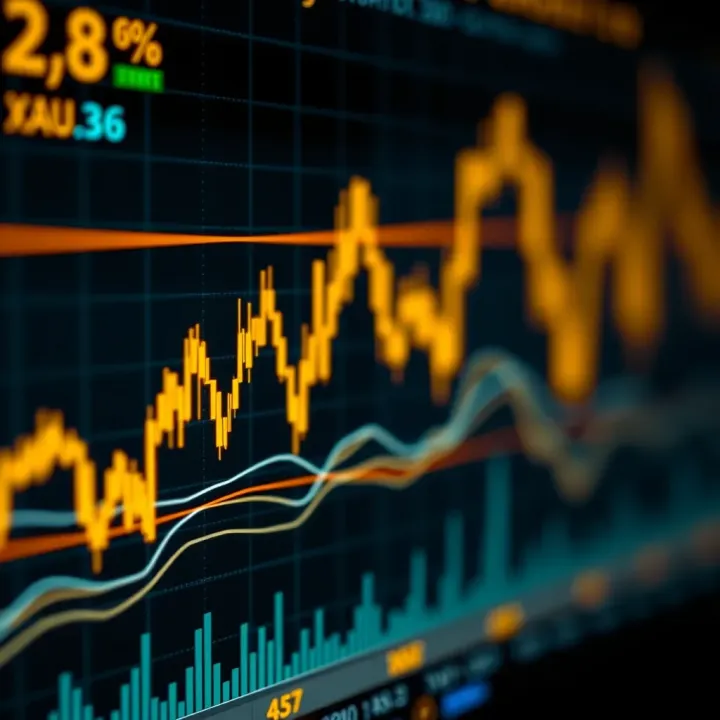Chart displaying gold price fluctuations against US dollar with technical indicators