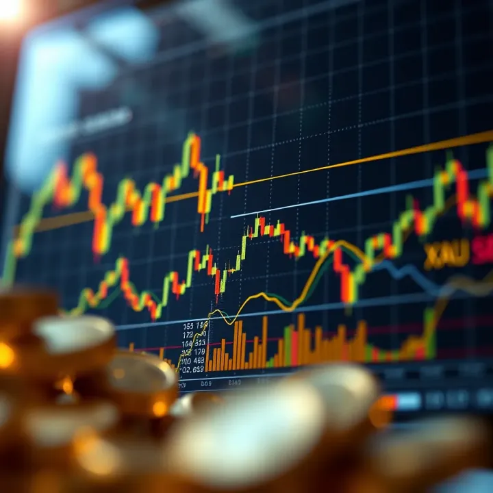 Graph showing gold price fluctuations against US Dollar with technical indicators