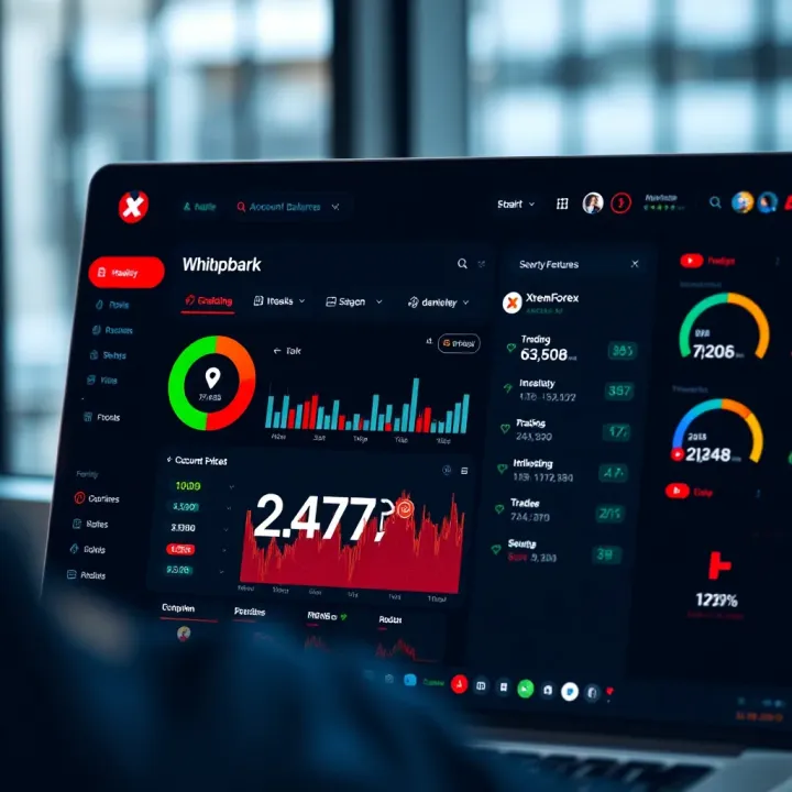Dashboard showcasing XtreamForex platform features like account balance, trading options, and security settings